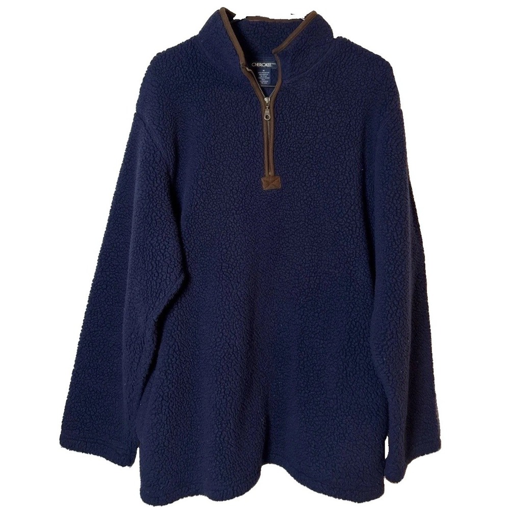 VTG Cherokee Fleece Pullover Men's M Navy Sherpa 1/4 Zip Brown Trim Taiwan